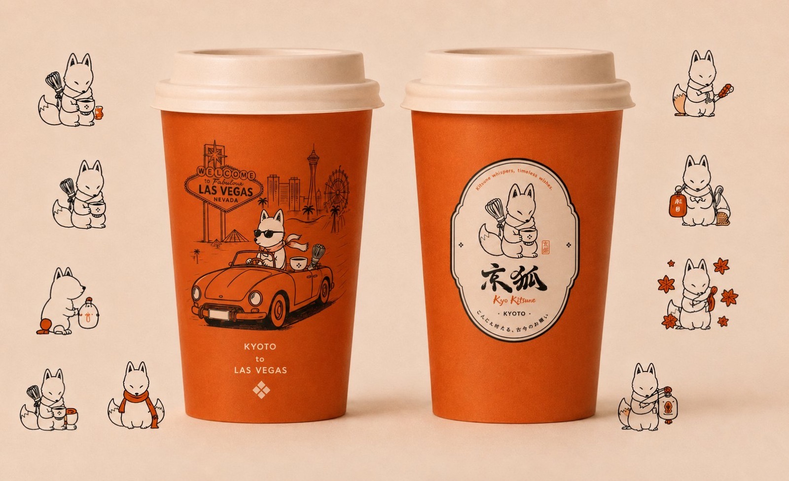 Kyoto to Las Vegas Two terracotta Kyo Kitsune cups printed with a fox driving past the Welcome to Las Vegas sign