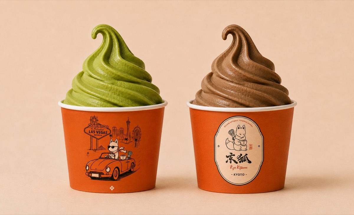 Matcha and hojicha soft cream Matcha and hojicha soft cream swirls in terracotta Kyo Kitsune cups